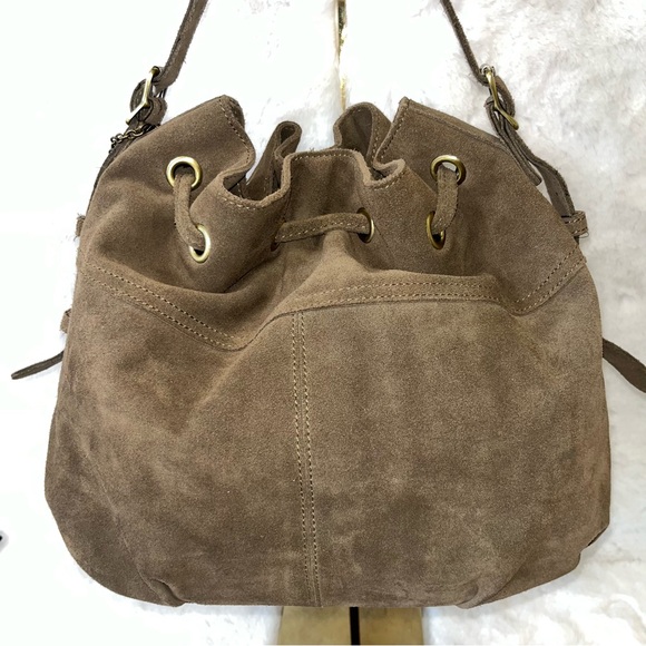 Crown Vintage Suede Drawstring Satchel Handbag. Brown with Gold Stud Accents - Picture 4 of 15